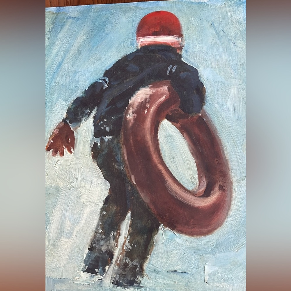 Original oil painting on board, person ready to tube in the snow!